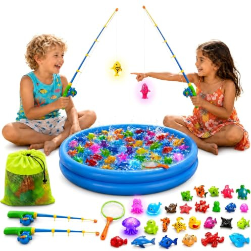 XXL Angelspiel Magnetisch mit 5 LED leuchtenden Meerestieren Wasserspielzeug für 2 Spieler inkl. Planschbecken Pool Spielzeug für Garten & Badewanne Kinderangel ab 3 Jahren Abkühlung Sommer Kinder