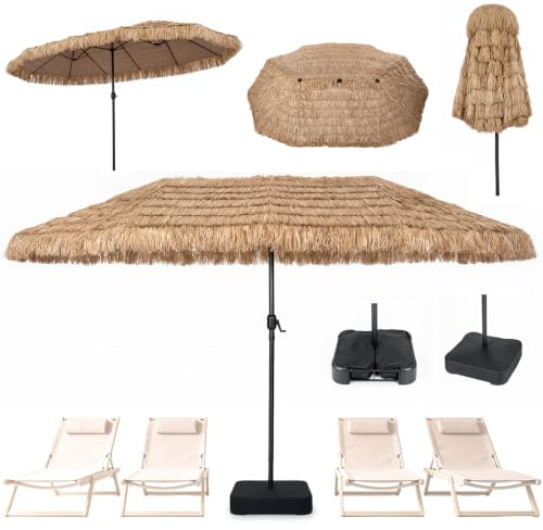 RELAX4LIFE Parasol Double Hawaïen Exotique 450x280cm | Grand Parasol de Jardin XXL Paillote Exotique en Paille PE 8 couches,Manivelle, Goupille Réglable pour Terrasse, Plage