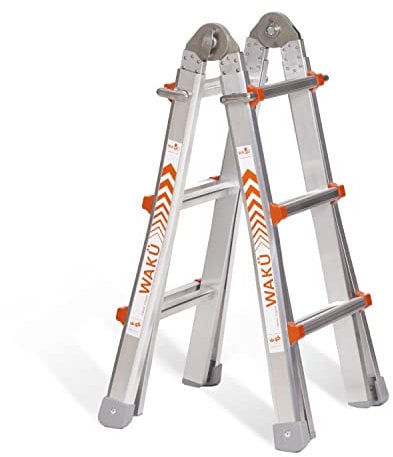 WAKÜ Teleskopleiter 4x3 Sprossen Art.-Nr. 100 - Aluminium Leiter - Made in Germany - Mehrzweckleiter höhenverstellbar - klein im Transport - erleichtert die Arbeit 0,98m - 2,98m
