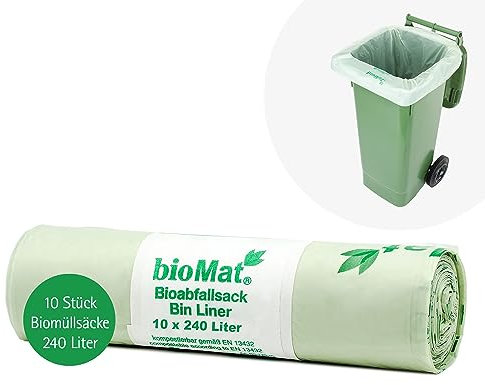 bioMat Compostable 240l Wheelie Bin Liners, 10 Bin Liners for Organic Waste and Residual Waste Bins, Made in Germany, Premium Quality, Climate Neutral