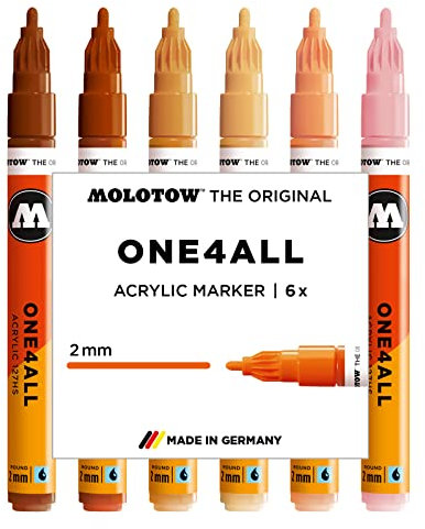 Molotow One4All 127HS Acryl Marker Character-Set (2,0 mm Strichstärke, hochdeckend und permanent, UV-beständig, für fast alle Untergründe) 6 Stück sortiert