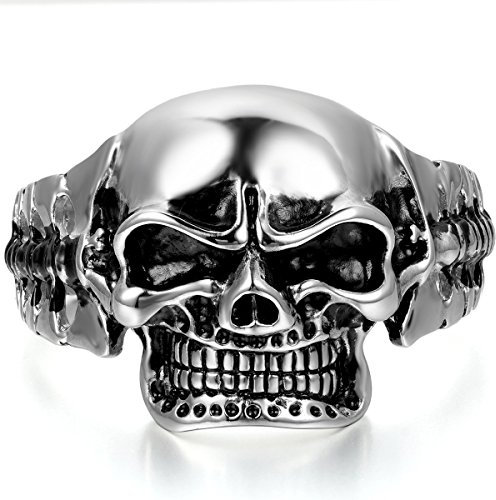 JewelryWe Bijoux Bracelet Homme Punk Rock Tête de Mort Crâne Poli Grand Lourd Acier inoxydable Couleur Argente Noir Avec Sac Cadeau