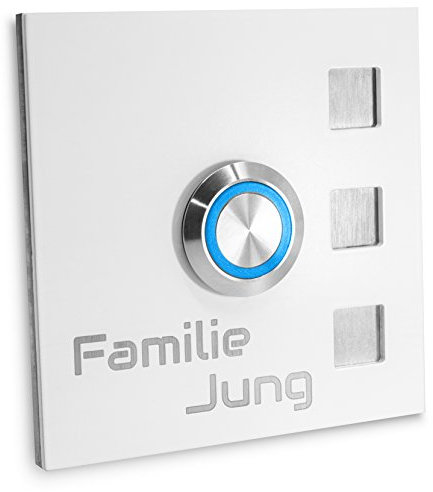 Jung-Edelstahl-Design Türklingel mit Gravur Köln Klingelplatte 7 x 7 cm. Led Taster. Weiss pulverbeschichtetes Klingelschild V2a Edelstahl. (LED blau)