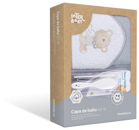 Interbaby P1177-31, Asciugamano con cappuccio per neonato LOVE YOU in grigio con Set de Spazzola e Pettine - 900 g