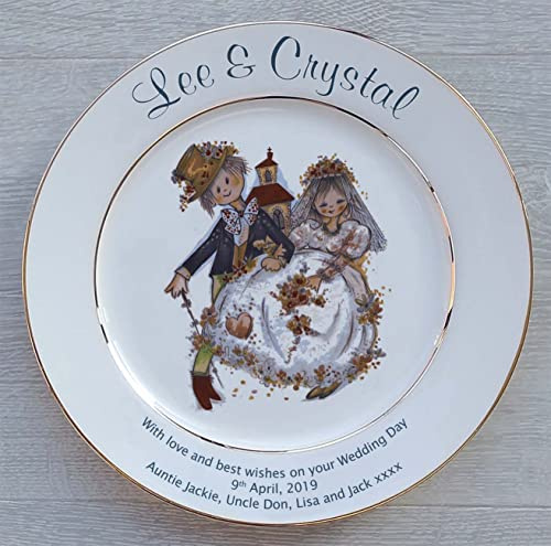 All About Names Personalised Bone China Plate - Wedding Plate - Wedding Couple & Church Design - Gold Bands On Rim