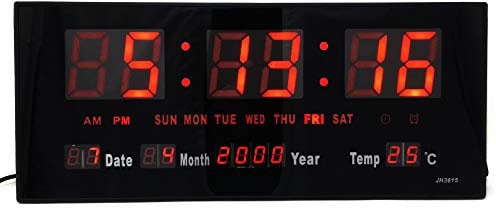 Starlet24 JH3615 - Reloj de pared LED con temporizador, despertador, calendario, temperatura, gran pantalla LED, 36 x 15 cm, color rojo