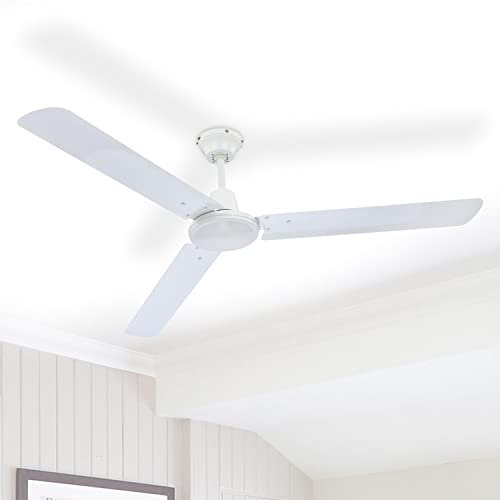 Deckenventilator – 3 Stufen - Deckenlüfter schaltbar mit Wandschalter - Leise Ventilator - Durchmesser 142 cm Rechts-Lauf - Metall Weiß - Flügel Eisen weiß