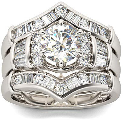 Jeulia 3 Stück Art Deco Rundschliff Sterling Silber Ringe Set für Frauen Ehering CZ Solitaire Verlobungsringe Jubiläumsversprechen Schmuckbox (Silber, 58 (18.5)) (Silber, 57 (18.1))