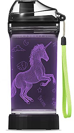 YuanDian Einhorn-beleuchtete Kinder-Wasserflasche mit 3D-LED-Licht – 14 OZ Tritan BPA-frei, umweltfreundlich – 7-farbiges Licht, cooles Trinkbecher-Geschenk für Schulkinder, Mädchen, Kinder