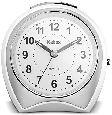 Mebus lautloser, extragroßer Quarz-Wecker ohne Ticken, mit Beleuchtung, gut lesbarem Zifferblatt, großer Schalter für Alarm / Farbe: Weiß/ Modell: CA-B202, 11,5 x 13 x 7 cm