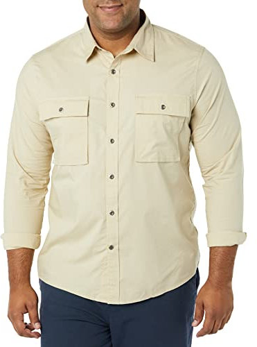 Amazon Essentials Men's Slim-fit Long-Sleeved Two-Pocket Utility Shirt, Light Khaki Brown, XS