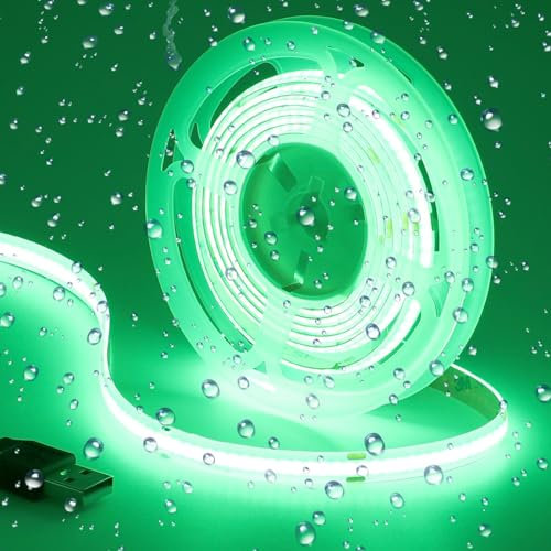 GOMING USB COB LED Strip Grün Licht 520nm DC 5V LED Streifen 2M 320LED/M IP65 Wasserdicht LED Band Selbstklebend Lichtband für Home TV Hintergrundbeleuchtung Vitrinenbeleuchtung