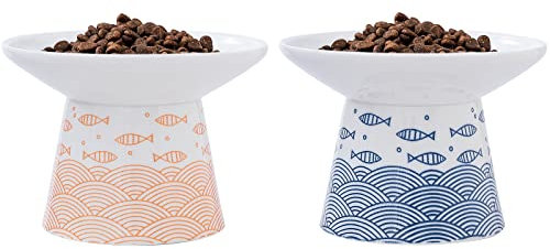 TAMAYKIM 6.25 Inch Extra Wide Raised Ceramic Cat Bowls, Food & Water Bowls for Elder Big Cats and Small Dogs, Elevated Heavy Sturdy Base Pet Feeder Dish, Stress Free, Protect Cat's Spine, Set of 2