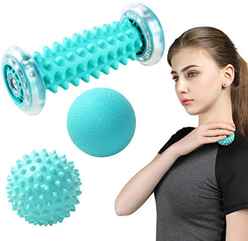 Balle de Massage,Rouleau de Massage,Rouleau Massage Pied & 2 Reflexologie Balle pour Fasciite Plantaire, Colonne Cervicale, Dos, Fesses, Épaule, Bras