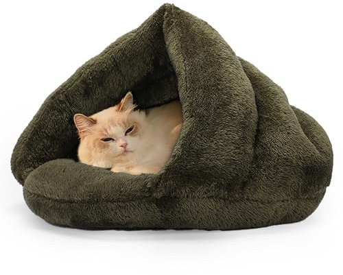 ALLSOPETS Hundebett Katzenhöhle Gemütliches Zelt für Katzen Kleine Hunde und Welpen Dreieckiges Haustierbett mit Rutschfester Unterseite für Komfortablen Schlaf (Tannengrün, L)