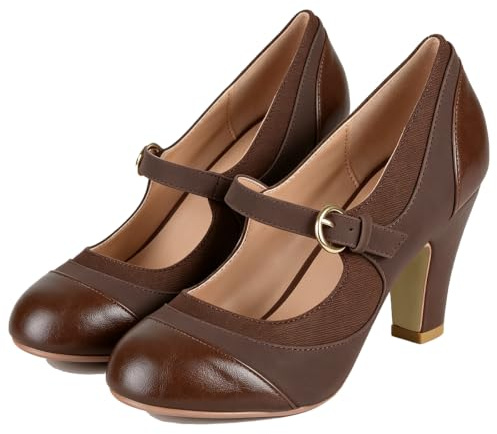 SHODENSE Women Kitten Heel Mary Jane Pumps Closed Round Toe Ankle Strap Patchwork Comfy 3” Mid Chunky Mary Jane Heels Cap Toe Two Tone Buckle Dress Shoes Ladies Wedding Vintage 4-11 M US