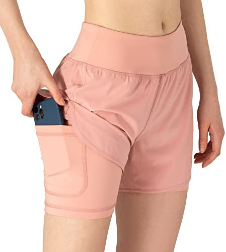 YSENTO Damen Kurze Sporthose 2 in 1 Sportshorts Laufshorts Trainingsshorts Joggingshorts Sommer Atmungsaktiv Gym Shorts(Rosa,XS)