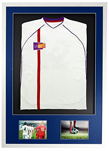 Vivarti DIY Adult 3D Mounted + Double Aperture Sports Shirt Display Frame for Football Shirt, Rugby Shirt, Band T-Shirt Shadow Box - 61 x 91.5cm - Gloss White Frame, Blue Mount, Black Backing Card