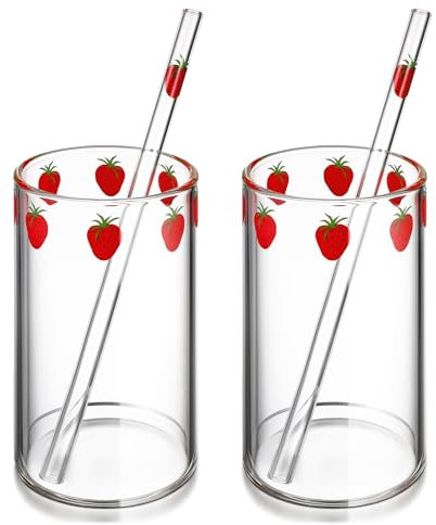 UPKOCH 2 Juegos De Vasos De Cristal Transparente Con Pajita, DiseñO De Fresa, Resistente, Ideal Para Leche, Café, Jugo Y MáS, Perfecto Para Hogar, Oficina, Fiestas