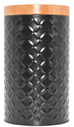 Dekohelden24 Vorratsdose/Keksdose aus Metall in schwarz, Deckel in Holzoptik und geprägtem Muster, Größe H/Ø: ca. 18,5 x 10,5 cm
