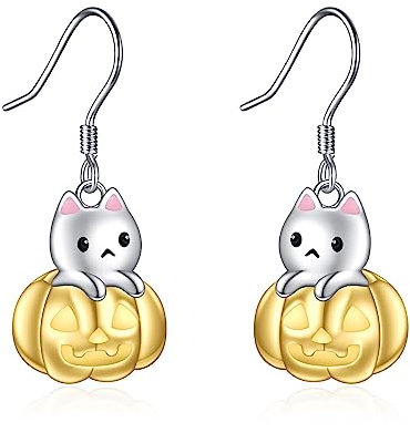 Katze Ohrringe 925 Sterling Silber Kürbis Hängend Ohrhänger für Damen Mädchen Katze Halloween Schmuck Geschenk