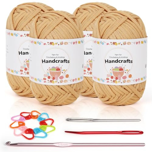 Coopay 4 Stück Einfach Garn, Häkelgarn für Anfänger, Gut Sichtbare Maschen Garn Zum Häkeln mit Häkelzubehör, Baumwoll-Nylon-Garn für Anfänger zum Häkeln und Stricken (4 X 50 g), Khaki