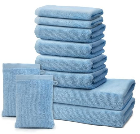 10 er Set Handtücher | 2 Badetücher 70x140cm + 4 Handtücher 50x100cm + 2 Gästehandtücher 30x50cm + 2 Waschlappen 15x20cm | Weich & Flauschig | 100% Baumwolle | 500g/m² | Oeko-Tex | Ôhm | Hellblau