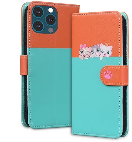 Tiyoo Lovely & Cute Flip Wallet Phone Case for iphone 13 Pro Max with Cartoon Cat&Dog Pattern,Premium Magnetic PU+TPU Leather for high protection Phone Cover for iphone 13Pro Max(Pale Green&Orange)