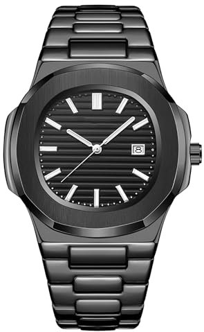 BARAMON Nautilus Armbanduhren für Herren, Edelstahl, Quarzwerk, Datum, Luxus-Stil, leuchtende Zeiger, legere Business-Uhren, Schwarz1, Modern Casual