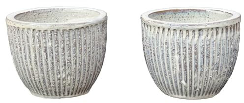 STONE art & more 2er Set Pflanztopf Pflanzgefäß Blumentopf Linea Ø 19cm Sandfarben glasiert frostfest traditionelle Handarbeit aus Vietnam