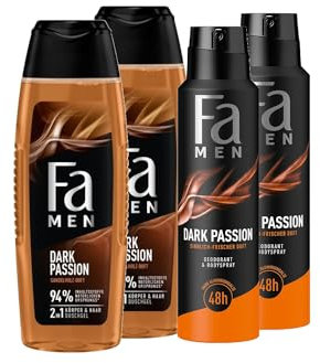 FA Men Duschgel Dark Passion (2x 250ml) 2in1 für Körper & Haar & Deospray (2x 150 ml), mit dem maskuliner Duft von verführerischem Sandelholz & orientalischen Gewürzen