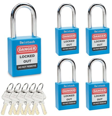 Bwintech 5 Pcs 38MM Candado de seguridad azul diferente con llave para bloqueo y etiquetado de estaciones y dispositivos de bloqueo y etiquetado