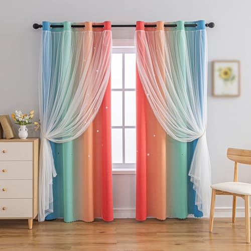 indistar Verdunklungsvorhänge für Schlafzimmer, 2-lagiges Design aus Stoff und Tüll, hübscher Fenstervorhang für Kinderzimmer, 1 Paneel (B132 x L241 cm Regenbogen)