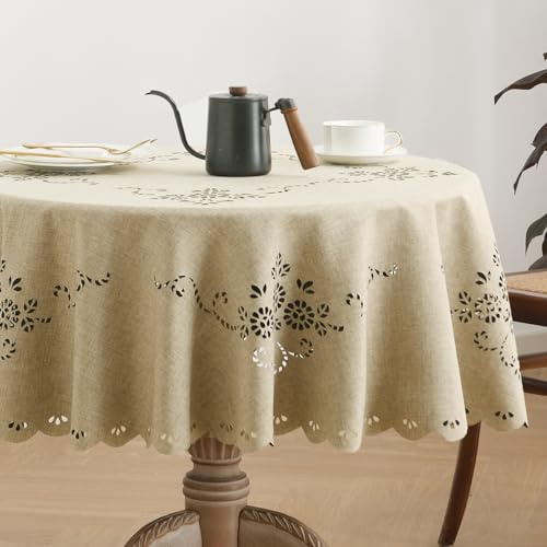 Wracra Tischdecke Abwaschbar Rund 140 cm, Makramee Tischdecke Khaki | Hohlgeschnitztes Muster, Knitterfreie, Wasserabweisend, Maschinenwaschbar, Garten, Esszimmer, Feiertage, Party, Wohnkultur