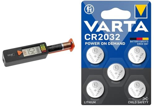 TFA Dostmann Batterietester BatteryCheck, 98.1126.01 & VARTA Batterien Knopfzellen CR2032, 5 Stück, Power on Demand, Lithium, 3V