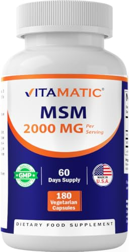 Vitamatic MSM 2000 mg with Vitamin C 75mg per Serving - 180 Veg Capsules - Vitamin C Aid in Better absopriton of MSM (Methylsulfonylmethane) - Non-GMO & Gluten Free