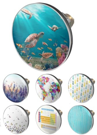 arteneur® - Pop Up Waschbeckenstöpsel mit Motiv Meeres Schildkröten | Abflusssieb | Doppel Dichtung | Universal Abflussstöpsel 34mm – 41mm | Pop Up Ventil Waschbecken Stöpsel