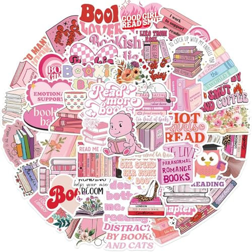 PRETTYSUNSHINE Bookish Sticker Set 50 Stück, Wasserfeste Kawaii Rosa Aufkleber Deko für Skateboard Kindle Laptop Handy Koffer Helm Motorrad, Graffiti Kleine Sticker für Jugendliche Erwachsene