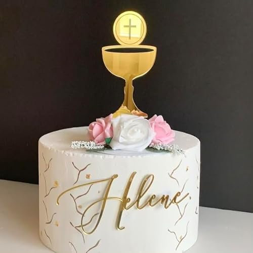 Erste Heilige Kommunion Tortendeko mit personalisiertem Namen, Gold Kelch mit Kreuz, Taufname, Tortenaufsatz aus Acryl oder Holz, Erstkommunion, Dekoration für Kommunion, Taufe Konfirmation (Design 3)
