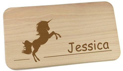 Personalisiertes Frühstücksbrettchen aus Holz mit Motiv und Name graviert Motiv Einhorn