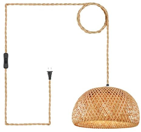 Plug In Pendant Light Hanging Lights With Plug In Cord Hanging Lamp Boho 15ft Rattan Dimmable Wicker Bamboo Woven Lamp Shade Hemp Rope Plug In Ceiling Light Fixture For Living Room Bedroom Farmhouse