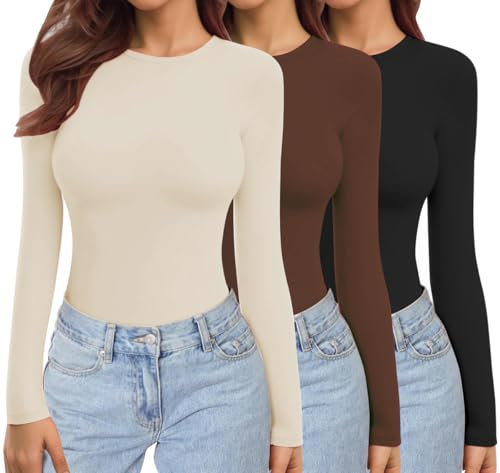 Ekouaer Damen 3 Pack Langarmshirt Rundhlas Unterhemd Layer Tee Warm Thermo Oberteil Slim Fit Basic Tops, Schwarz + Braun + Beige M