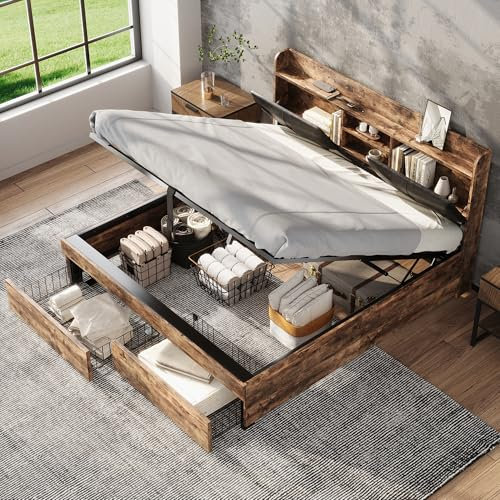Merax Stauraumbett 160 x 200 cm, Doppelbett mit Stauraum-Kopfteil und Metall Lattenrost, Industrielles Bett mit Schubladen für Erwachsene, Holzfarbe+Schwarz (Ohne Matratze)