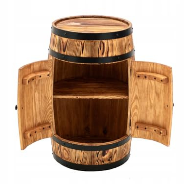 Holzbar in Fassform 55 x 40 cm, handgefertigter Barschrank aus gebürstetem Kiefernholz mit 2 Ablagen und Doppeltür, Weinschrank für Whisky, Spirituosen und Gläser, Premium, für Wohnzimmer
