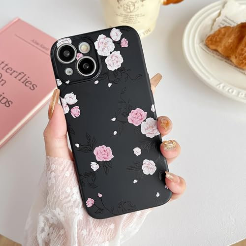 XIZYO Rose Flower Case for iPhone 14 Plus, Cute Pink Rose Floral Pattern Liquid Silicone Aesthetic Phone Case, for Girls Women Luxury Soft Ultra Slim Shockproof Protective Cover, Black