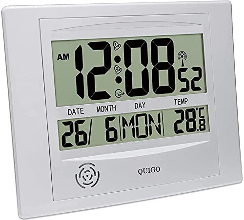 ZSLBGUYIAD Radio Controlled Alarm Clock Large Display Battery Operated Bedside Desk Bedroom Office Clock Silver Get Up Artifact