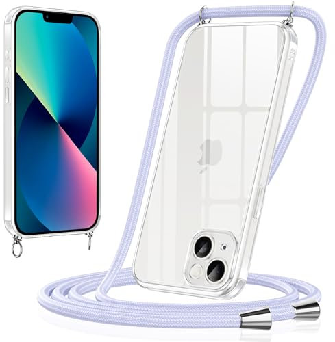 Xiltlly Coque pour iPhone 13 Mini avec Cordon de Collier, Transparent Silicone TPU Bumper Protection Étui Housse Lanyard avec Cordage Corde Réglable Chaîne Case Clear pour iPhone 13mini, Violet