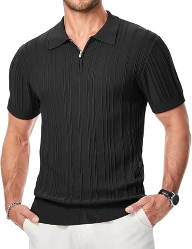 Meilicloth Herren Poloshirt mit Reißverschluss Sommer Kurzarm Strick Gestreiftes Polohemd Stretch Golf Casual Polo Shirt Schwarz M