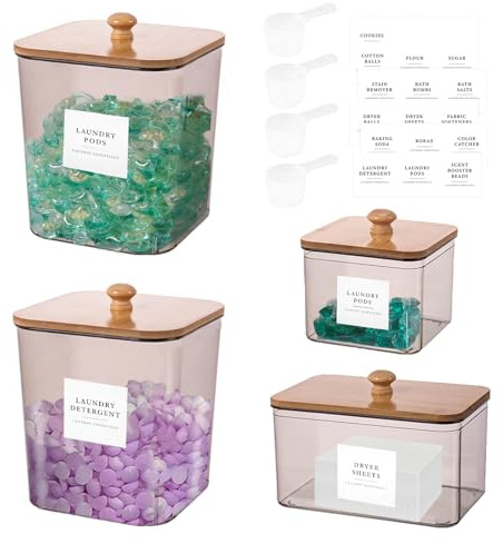 Lot de 4 boîtes à dosettes de linge, porte-feuilles transparent pour sèche-linge et rangement avec couvercles, cuillères et étiquettes pour détergent à lessive, poudre, boules de séchage, perles