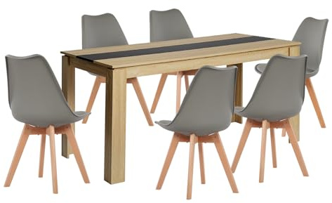 LafeuR Essgruppe Esstisch mit 6 Stühlen Esszimmergruppe, Rechteckig Eiche Küchentisch und 6er Set Esszimmerstühle Sitzgruppe für Wohnzimmer Küche Büro(160CM Eiche-Schwarz Tisch+6 Grau Stühle)